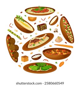 Syrian Cuisine Dish and Traditional Food Round Composition Design Vector Template