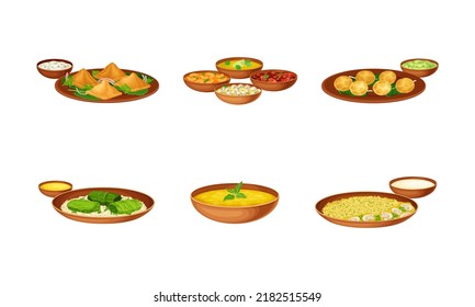 Syrian cuisine food set. Traditional Arabian cuisine dishes served on plates vector illustration