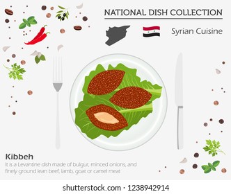 Syrian Cuisine. Middle East national dish collection.  Kibbeh isolated on white, infograpic. Vector illustration
