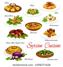 Cocina siria platos de verduras y carnes con postres, comida vectorial. Hummus, sopa de cebada y ensalada de bulgur, arroz con pollo, baklava, bollería y dolma, gota de berenjena, espinacas y tartas fritas de cordero.