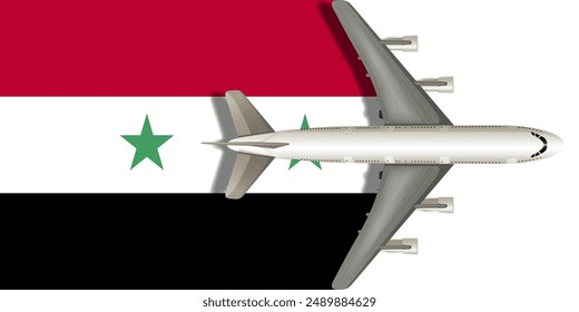 Bandera siria con un avión volando sobre ella de cerca. Vector Imagen.