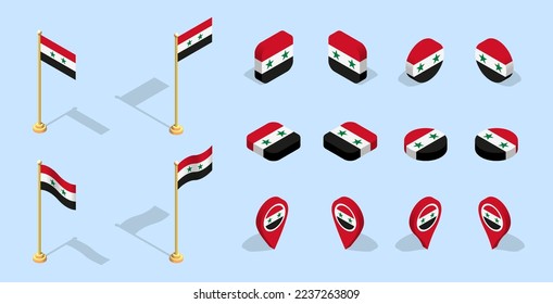 Bandera siria (República Árabe Siria). Icono de conjunto de indicadores isométricos 3D. Vector editable para banner, afiche, presentación, infografía, sitio web, aplicaciones, mapas y otros usos.