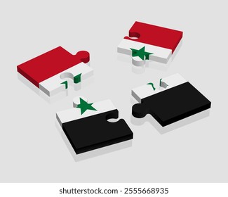 Syrian flag in the form of a disassembled puzzle on a mirror surface. Reflection of puzzle pieces on a light background