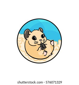 Syrian hamster eating sunflower seed. Animal art, cute cartoon style, vector hand drawn illustration badge. Suitable for pet shop or zoo ads, label design or animal food package element