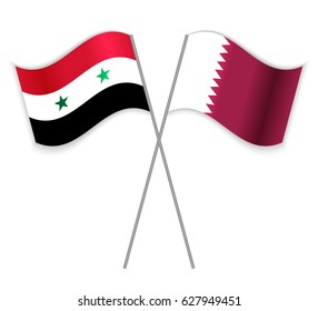 Syrian and Qatari crossed flags. Syria combined with Qatar isolated on white. Language learning, international business or travel concept.