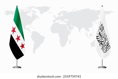 Syrian Revolution and Afghanistan flags for official meeting against background of world map.