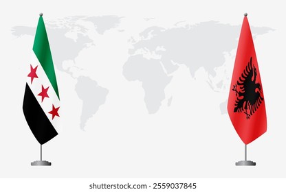 Syrian Revolution and Albania flags for official meeting against background of world map.