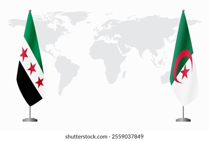 Syrian Revolution and Algeria flags for official meeting against background of world map.