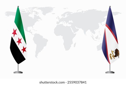 Syrian Revolution and American Samoa flags for official meeting against background of world map.