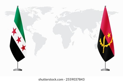 Syrian Revolution and Angola flags for official meeting against background of world map.