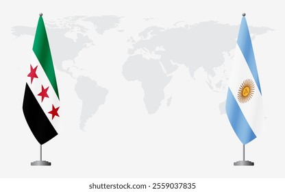 Syrian Revolution and Argentina flags for official meeting against background of world map.