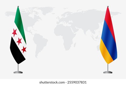 Syrian Revolution and Armenia flags for official meeting against background of world map.