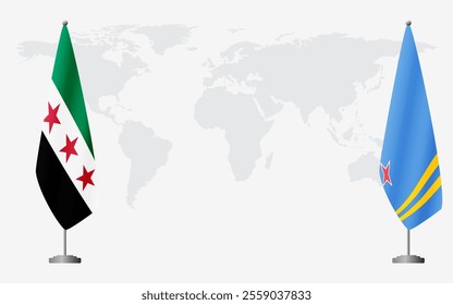 Syrian Revolution and Aruba flags for official meeting against background of world map.