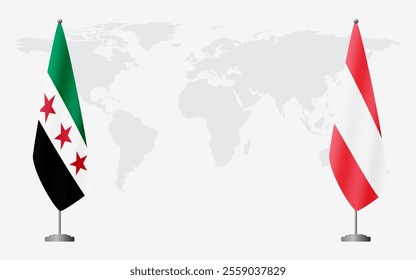 Syrian Revolution and Austria flags for official meeting against background of world map.