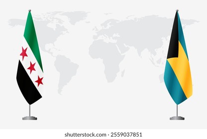 Syrian Revolution and Bahamas flags for official meeting against background of world map.