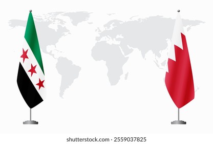 Syrian Revolution and Bahrain flags for official meeting against background of world map.