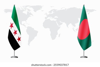 Syrian Revolution and Bangladesh flags for official meeting against background of world map.