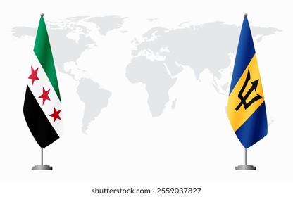 Syrian Revolution and Barbados flags for official meeting against background of world map.