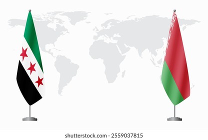 Syrian Revolution and Belarusian flags for official meeting against background of world map.