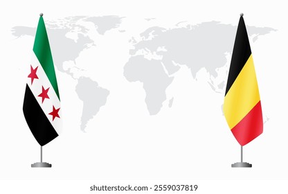 Syrian Revolution and Belgium flags for official meeting against background of world map.