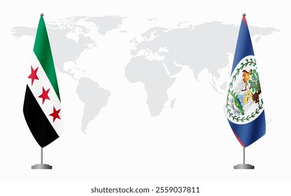 Syrian Revolution and Belize flags for official meeting against background of world map.