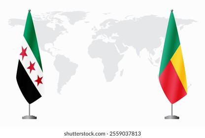 Syrian Revolution and Benin flags for official meeting against background of world map.