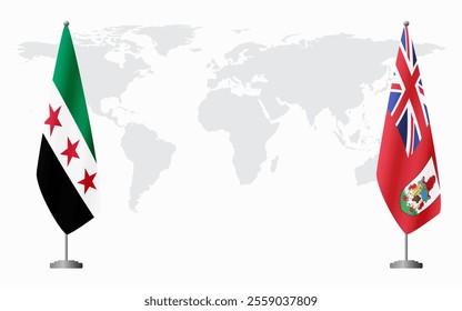 Syrian Revolution and Bermuda flags for official meeting against background of world map.