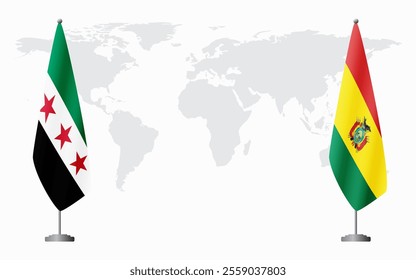 Syrian Revolution and Bolivia flags for official meeting against background of world map.