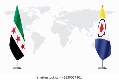 Syrian Revolution and Bonaire flags for official meeting against background of world map.