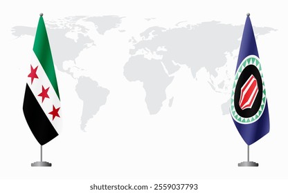 Syrian Revolution and Bougainville flags for official meeting against background of world map.