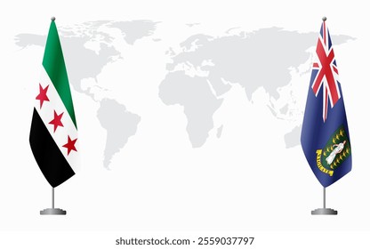 Syrian Revolution and British Virgin Islands flags for official meeting against background of world map.