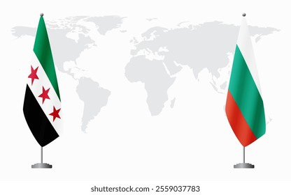 Syrian Revolution and Bulgaria flags for official meeting against background of world map.