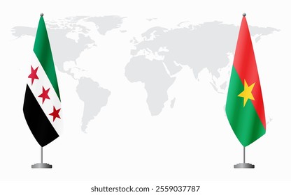 Syrian Revolution and Burkina Faso flags for official meeting against background of world map.