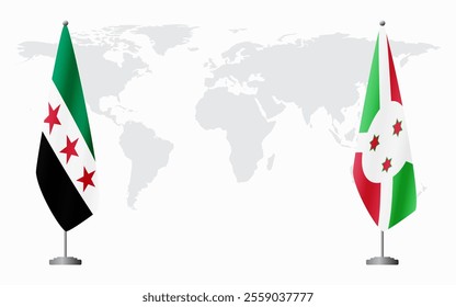 Syrian Revolution and Burundi flags for official meeting against background of world map.