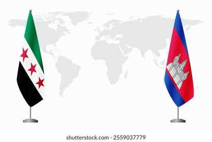 Syrian Revolution and Cambodia flags for official meeting against background of world map.