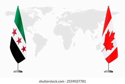 Syrian Revolution and Canada flags for official meeting against background of world map.