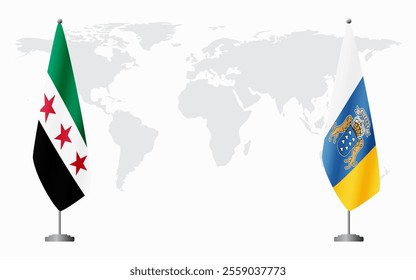 Syrian Revolution and Canary Islands flags for official meeting against background of world map.