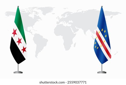 Syrian Revolution and Cape Verde flags for official meeting against background of world map.