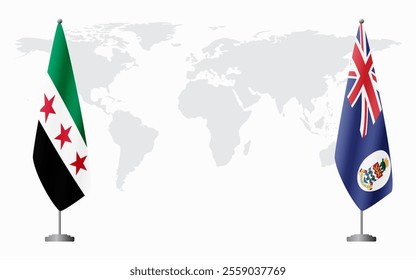 Syrian Revolution and Cayman Islands flags for official meeting against background of world map.