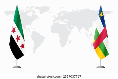 Syrian Revolution and Central African Republic flags for official meeting against background of world map.