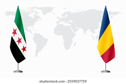 Syrian Revolution and Chad flags for official meeting against background of world map.