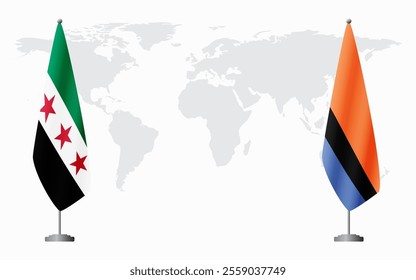 Syrian Revolution and Chagos Islands flags for official meeting against background of world map.