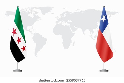 Syrian Revolution and Chile flags for official meeting against background of world map.