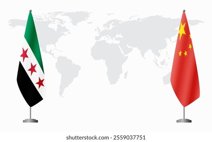 Syrian Revolution and China flags for official meeting against background of world map.