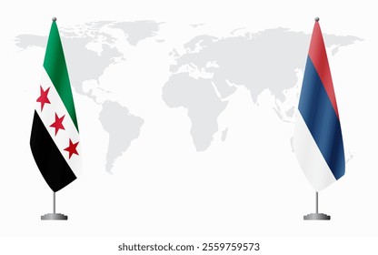 Syrian Revolution and civil Serbia flags for official meeting against background of world map.