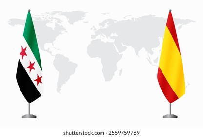 Syrian Revolution and civil Spain flags for official meeting against background of world map.