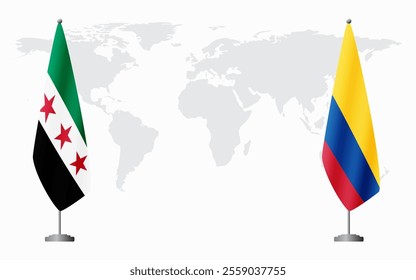 Syrian Revolution and Colombia flags for official meeting against background of world map.