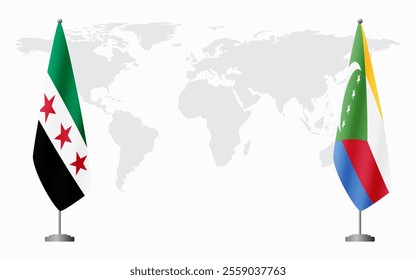 Syrian Revolution and Comoros flags for official meeting against background of world map.