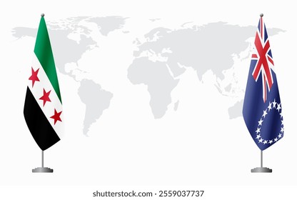 Syrian Revolution and Cook Islands flags for official meeting against background of world map.