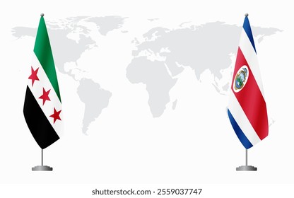 Syrian Revolution and Costa Rica flags for official meeting against background of world map.